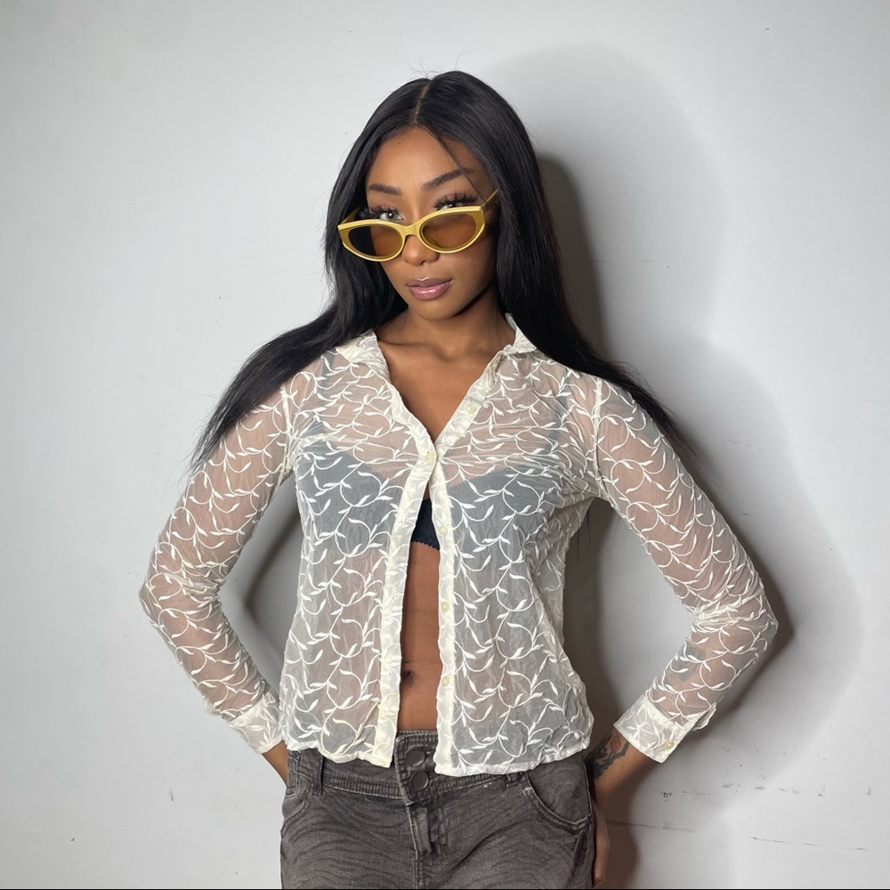 90s Vintage Mesh Cream Button Up